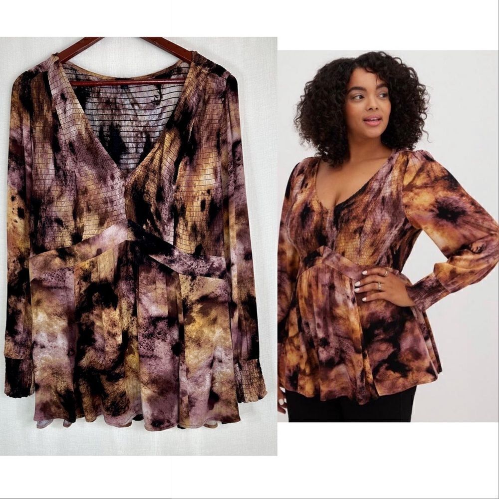 Torrid Womens Boho Tie Dye Smocked Babydoll Top‎ Gauzy Crinkle Y2K Size 1X
